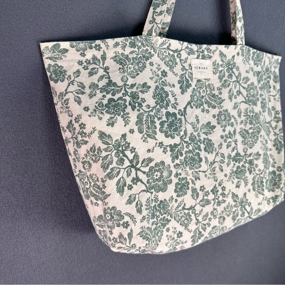 SEZANE Parisian Chic Green Cream Floral Tote Bag Cottagecore Cotton Shopping Bag - Picture 4 of 11